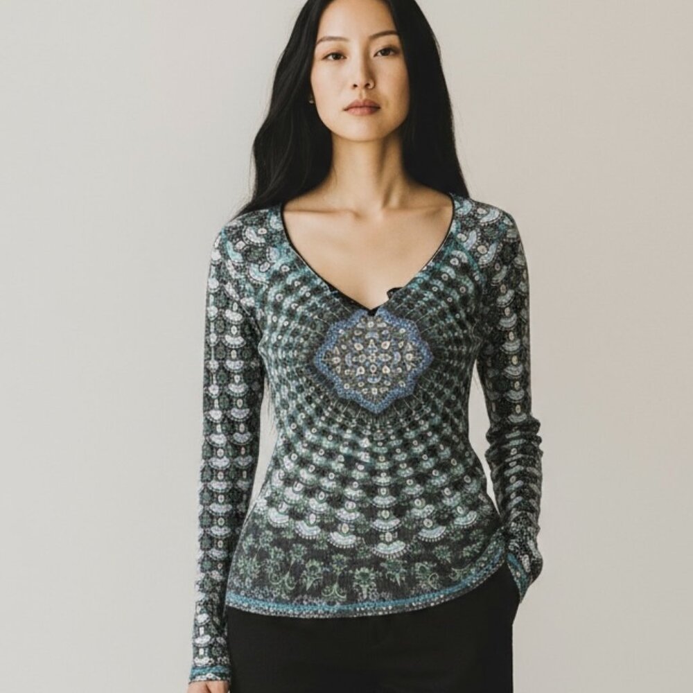 Free People Black and Blue Patterned Long Sleeve Top